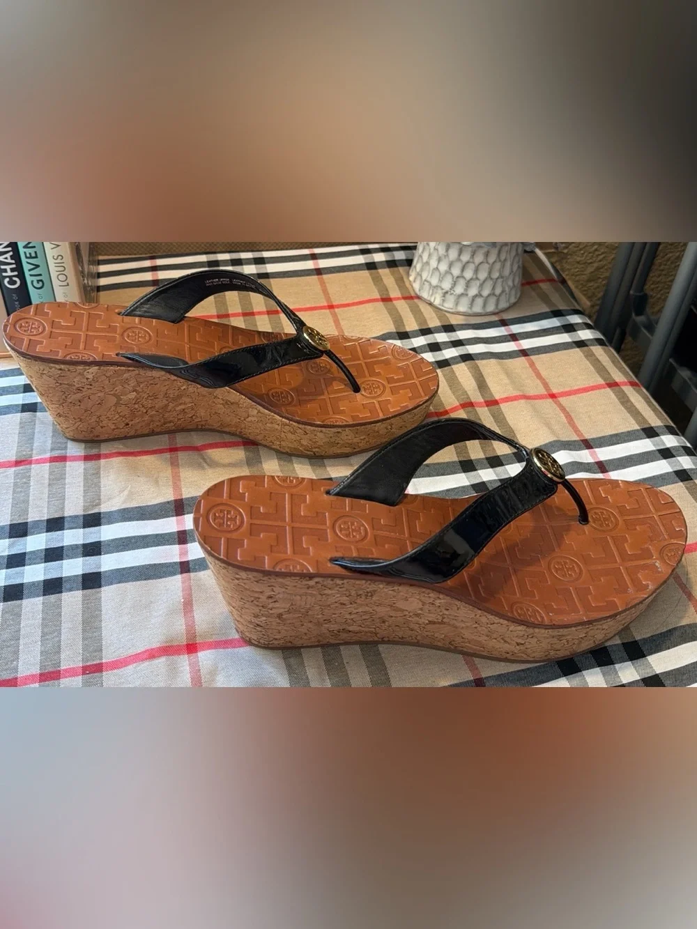 Tory Burch Black Patent Leather Wedge Thong Sandals with Gold Logo